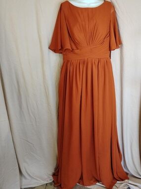 Rust Orange Pleated Maxi Dress with Flutter Sleeves